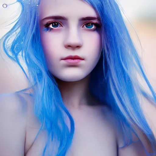 Image similar to teenage girl, blue iris eyes, gradient blue hair, high quality photos, translucent, modelsociety, white radiant skin, rtx on, perfect face, intricate, sony a 7 r iv, symmetric balance, photolab, photography award