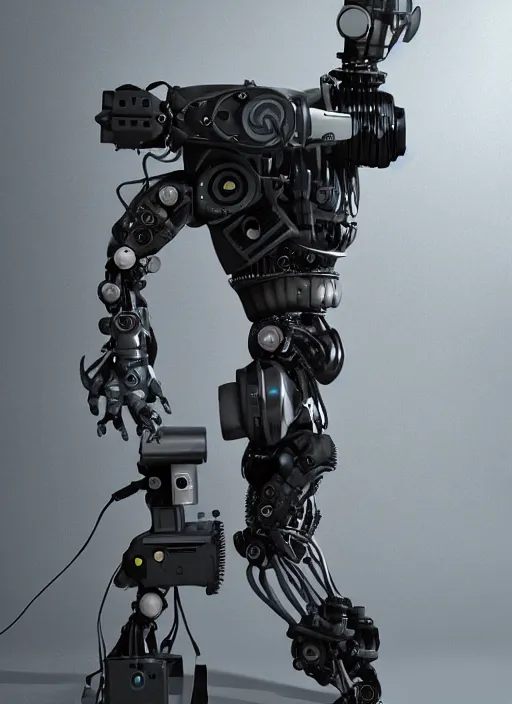 Image similar to humanoid robot with an old school camera for a head, sci - fi, dystopian, 4 k, realistic, detailed, gears, wires, cables, gadgets