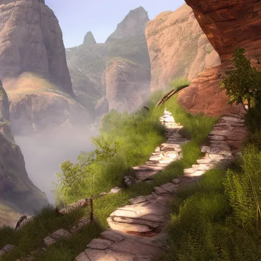 Prompt: pathway canyon in between mountains, unreal engine, high detail, realism, award winning, mist, detailed lighting