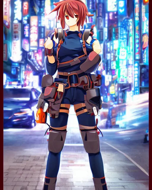 Image similar to full body image of anime girl in mechanic armor in night tokyo by makoto sinkai, fine details