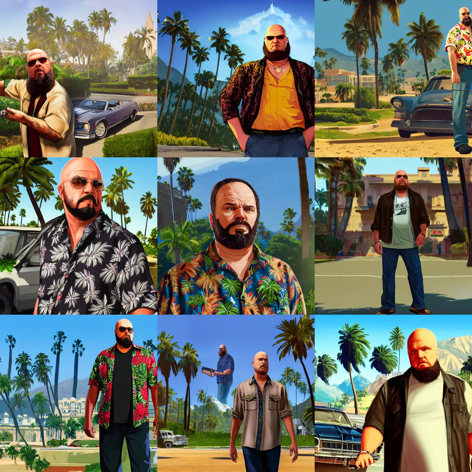 Prompt: full - frame of brother ali, wearing a hawaiian - shirt, as a character from gtav, looking at camera, intricate, extremely detailed, in the background hearst castle, concept art, artstation