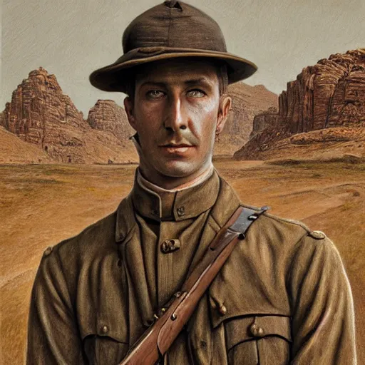 Image similar to a detailed photorealistic sepia - toned color portrait painting of a 1 9 1 7 worried clean - shaven british lieutenant in detailed field gear not wearing a hat in wadi rum, ultra realistic, painted, intricate details, lovecraft, atmospheric, dark, horror, brooding, highly detailed, by clyde caldwell