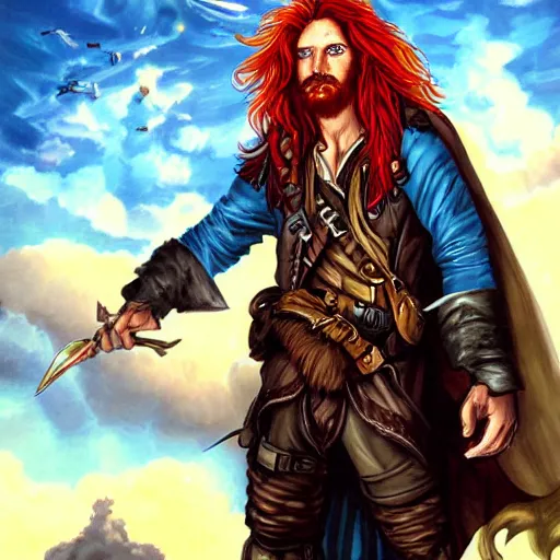 Image similar to an epic fantasy comic book style portrait painting of a long haired, red headed male sky - pirate in front of an airship