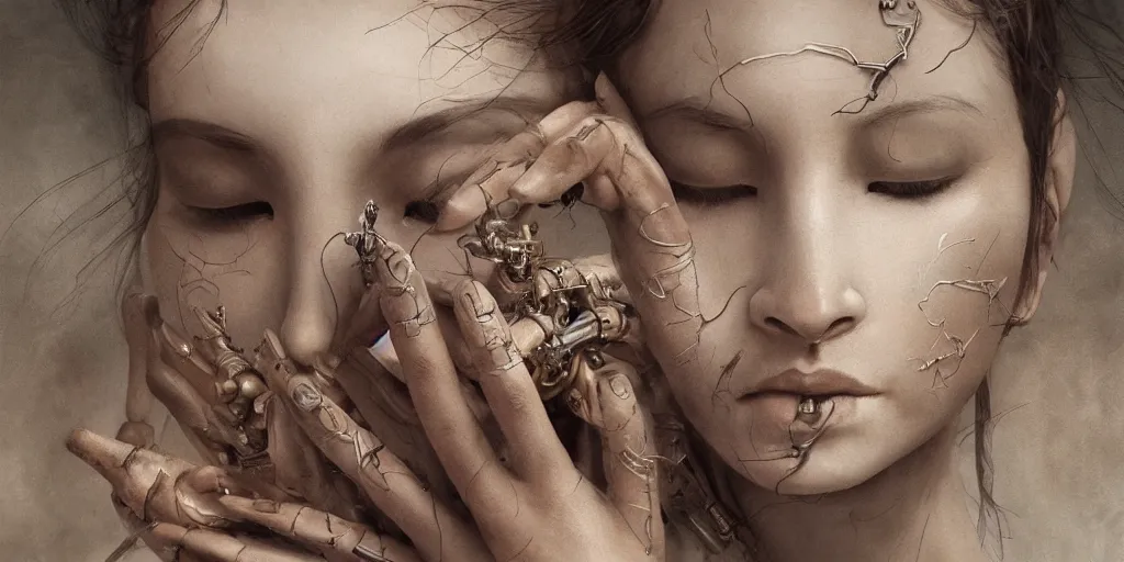 Prompt: hyperrealistic photography of a highly intricate, stunning, beautiful, perfect cyborg female, elbow, knee, intimate, hand holdings, in the style of beth cavener, jin kagetsu,, and wlop, highly detailed, face, eyes closed, symmetry, masterpiece, award - winning, sharp focus, concept art, ambient lighting, 8 k, artstation