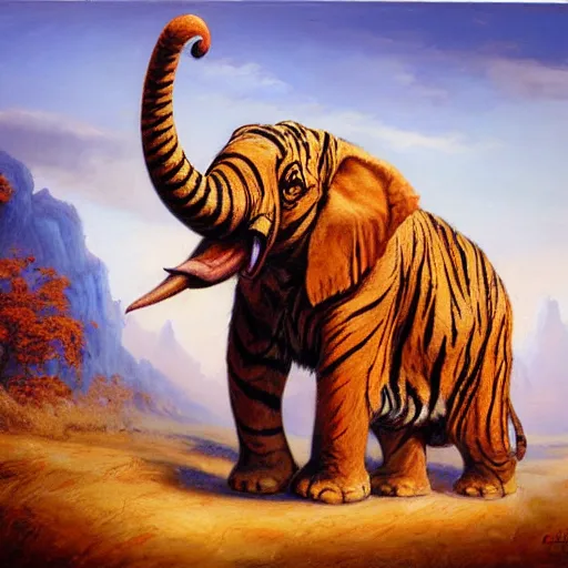 Image similar to tiger - elephant creature, oil painting by justin gerard