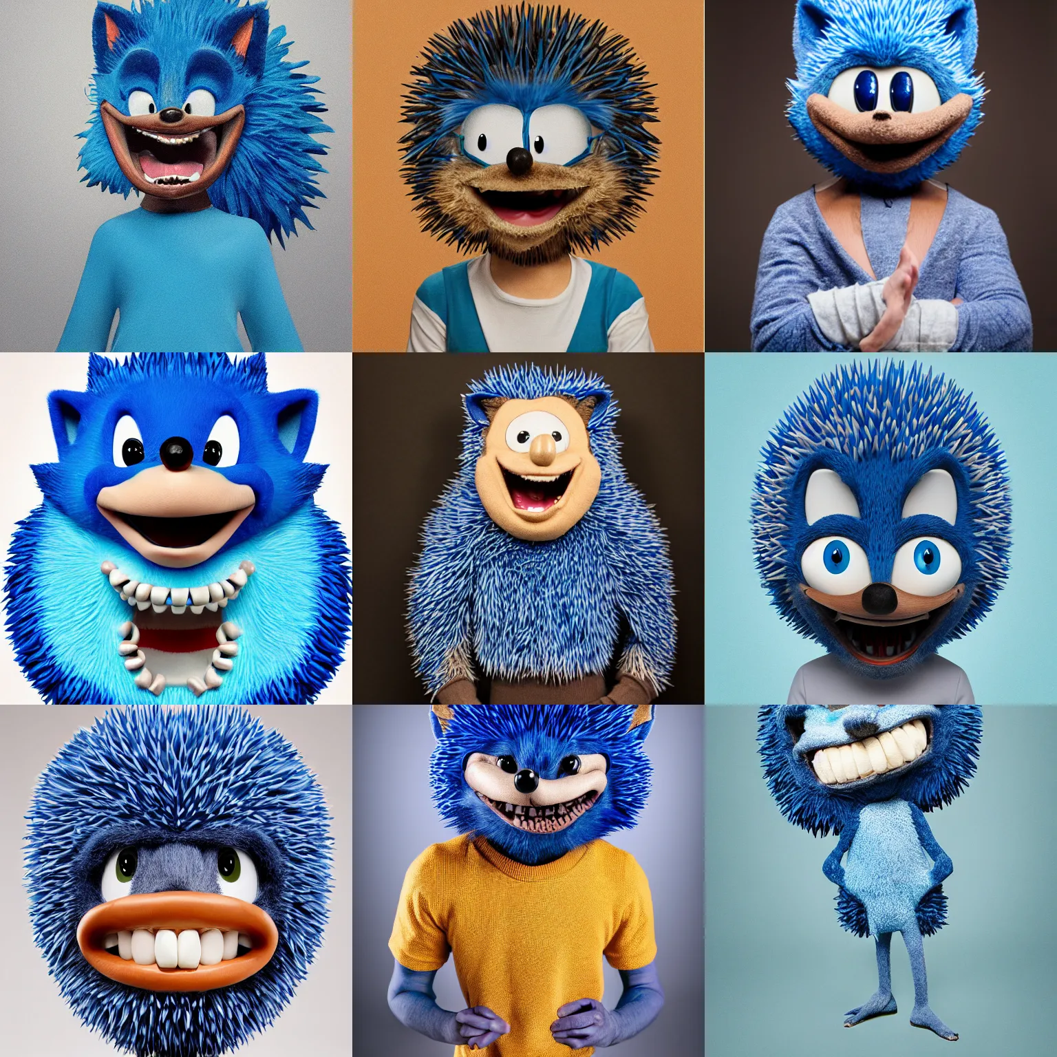 Image similar to anthropomorphic blue hedgehog with human teeth, studio portrait