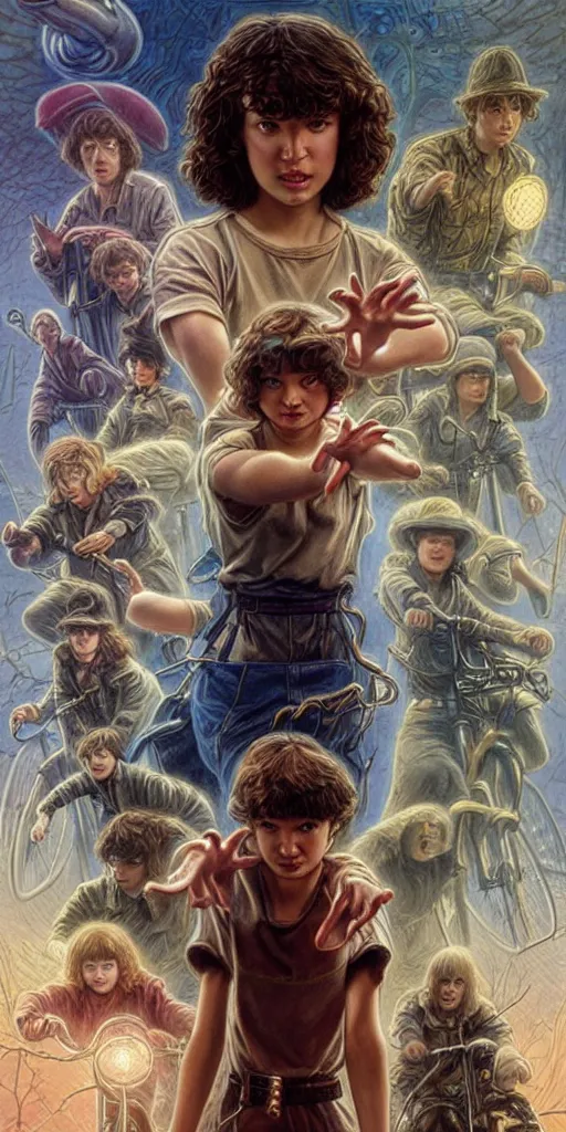 Image similar to epic masterpiece stranger things, beautiful face and flawless skin, perfect hands by Edgar Maxence and Ross Tran and Michael Whelan, Boris Vallejo, Luis Royo, Frank Frazetta, Brom, Lorenzo Sperlonga, Gred Rutkowsky