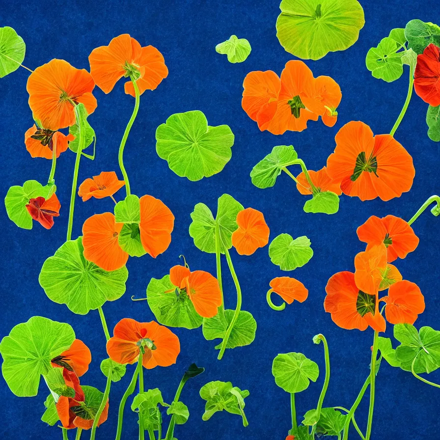 Image similar to surrealist supernatural nasturtium plant, indigo background and cool vibes