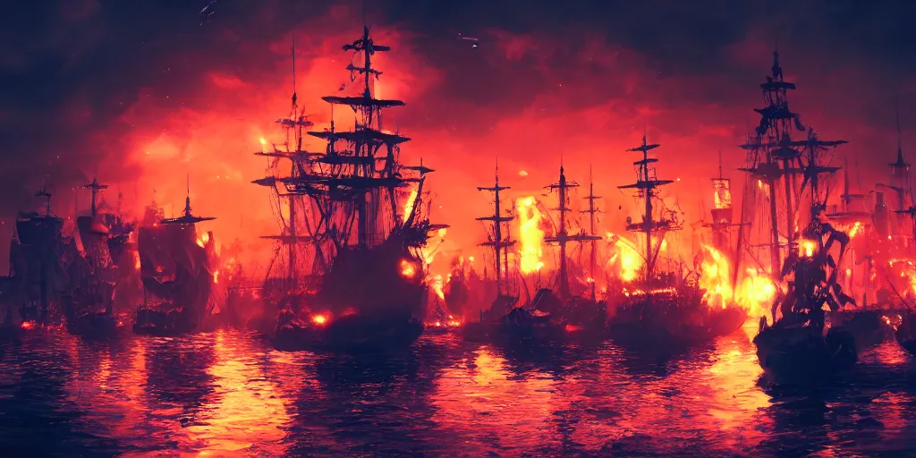 Prompt: pirate ships at war at night, smoke, fire, chaos, photo realistic, 8k, artstation, Blade runner, neon, neon signs in the distance, dark, cinematic, high contrast, epic