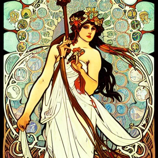 Image similar to persephone as godess of death, painted by alphonse mucha