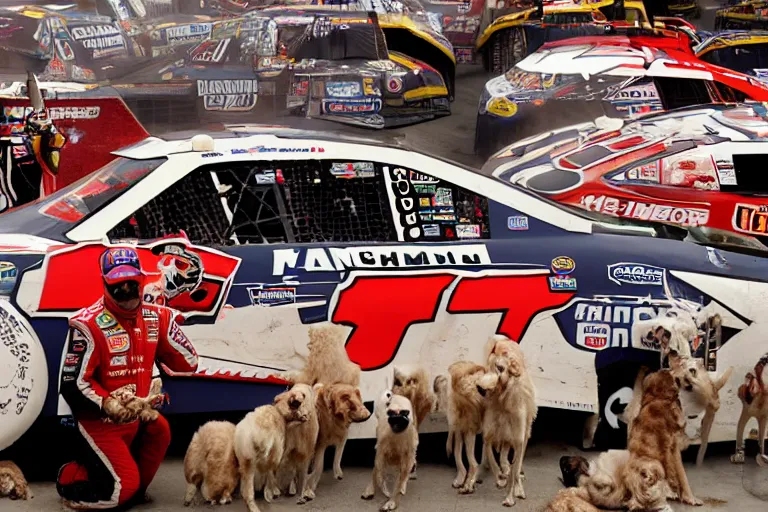 Prompt: vfx movie nascar driver man covered in corporate sponsor logos holding up bone for pack of dogs in the u. s. senate, interior. by emmanuel lubezki