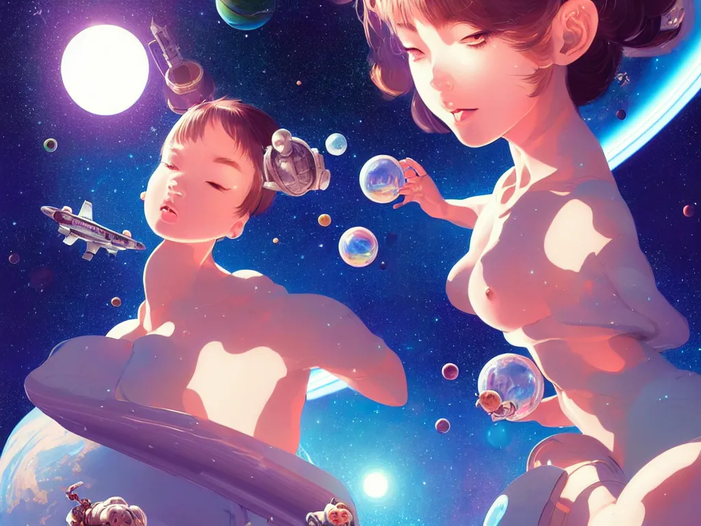 Image similar to bubbly space girl flying to the saturn with her animal compaions, occlusion shadow, specular reflection, rim light, unreal engine, artgerm, artstation, art by hiroaki samura and ilya kuvshinov and ossdraws, high quality, intricate detailed 8 k, fantasy illustration, extremely beautiful and aesthetic shape of face and body, movie poster