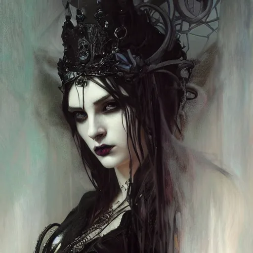 Image similar to dark goth queen by jeremy mann and alphonse mucha, fantasy art, photo realistic, dynamic lighting, artstation, poster, volumetric lighting, very detailed faces, detailed eyes, 4 k, award winning dark, goth, queen, dark fantasy, hyperrealistic portrait, art of elysium, full figure, very detailed face, 4 k, award winning,