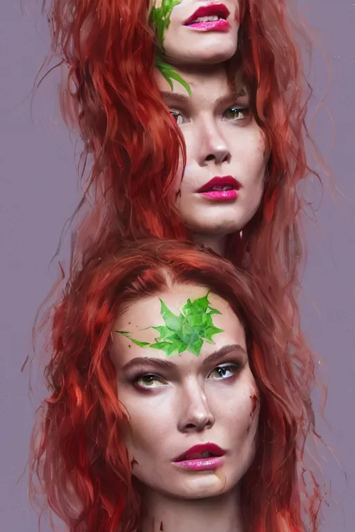 Image similar to Portrait of Behati Prinsloo as Poison Ivy making a duck face, in Batman movie still cinematic, artstation, Greg rutkowski, UHD 8K