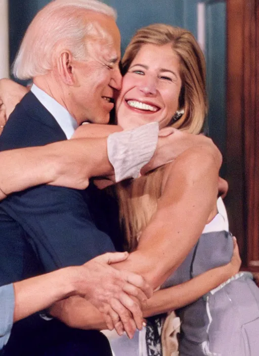 Image similar to film still of joe biden hugging rachel green in the show friends