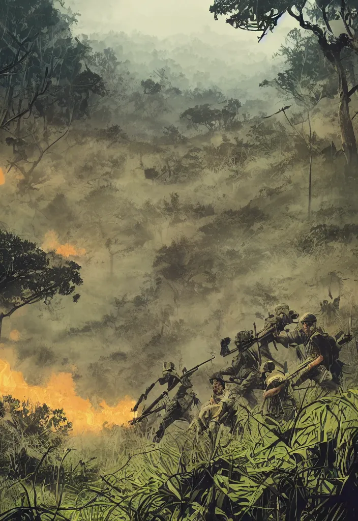 Image similar to handmade illustration of an epic Vietnam war scene with only one american soldiers stand still, the jungle at the background, some smoke and fire, blue sky with dramatic clouds, line art, ink, watercolor by Kilian Eng and by Jake Parker, heavy brushstrokes, winning-award masterpiece, fantastic, octane render, 8K HD Resolution, High quality image