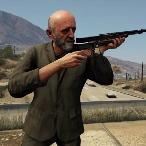 Image similar to Mike Ehrmantraut holding a rifle in GTA V, cover art by stephen bliss, highly detailed, 4k