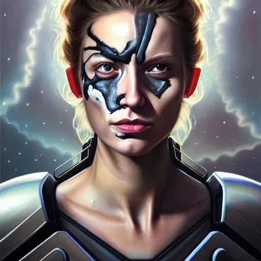Prompt: portrait of a woman with the scars of battle on her face, wearing sci-fi power armor, Alexandria's genesis, chin-length hair, bored, illustration, soft lighting, soft details, hyper realism, high detailed, painting oil on canvas by mark arian by artgerm, trending on artstation, 4k, 8k, HD