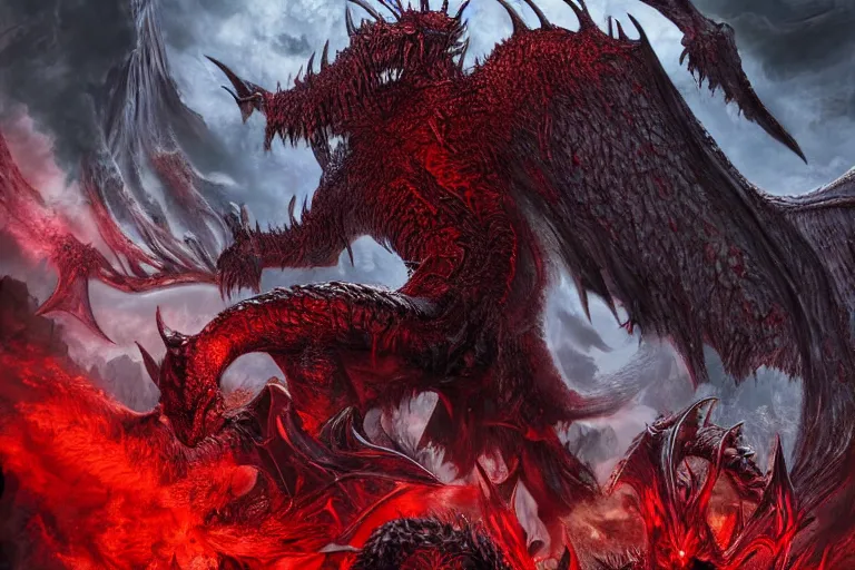 Image similar to ultra-detailed epic artwork of blood lord fighting black angel in the battle of humans with blood dragons in the bone valley digital art hd 8k ultra-detailed