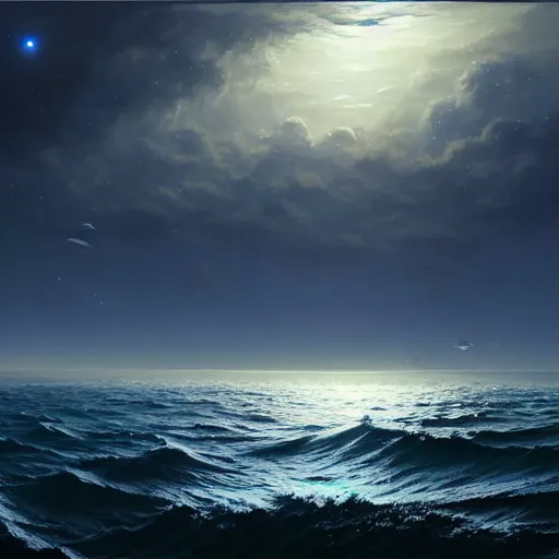 Prompt: point of view of botom of the ocean looking up, see fishes, the milk way, night time, midnight, no sunlight. highly detailed painting by, greg rutkowski 8 k