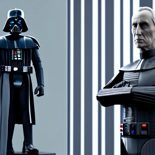 Image similar to a detailed picture of tarkin standing next to darth vader, cinematic, raytracing, 8 k, realistic, unreal, detailed, detailed, detailed