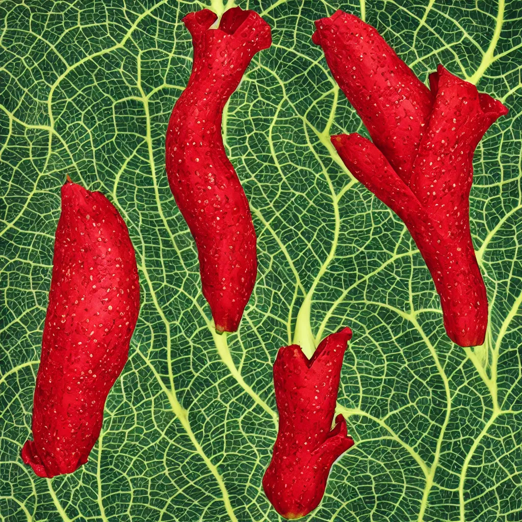 Image similar to high fashion haute couture scaled bananas, and form a complex fractal vegetable foliage, with red petals and shiny stems, mesh roots, hyper real, food photography, high quality