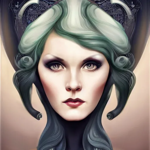 Image similar to an art nouveau, ( streamline moderne ), multi - racial portrait in the style of anna dittmann and charlie bowater and chanthara. very large, clear, expressive, and intelligent eyes. centered, ultrasharp focus, dramatic lighting, photorealistic digital matte painting, intricate symmetrical ultra detailed background.