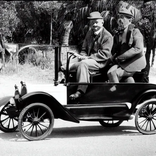 Image similar to a quokka driving a model t ford, black and white photograph