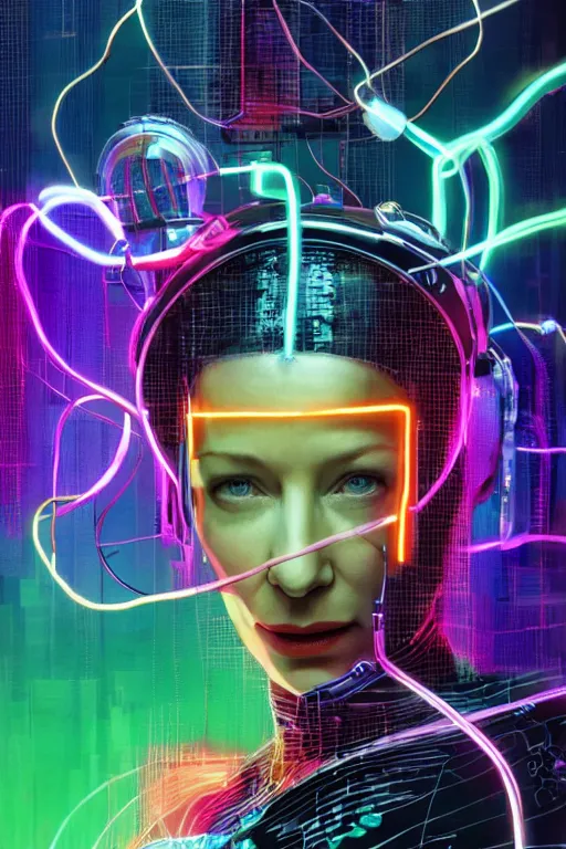 Image similar to cate blanchett with cyber headgear surrounded by wires, neon colors, oil on canvas, strong lighting, by Josan Gonzalez, HD, 4K