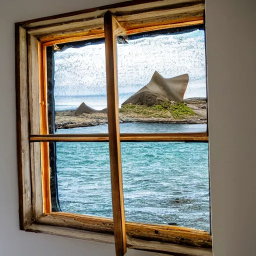 Image similar to a mullioned window through which you can see the sea where shark fins are visible