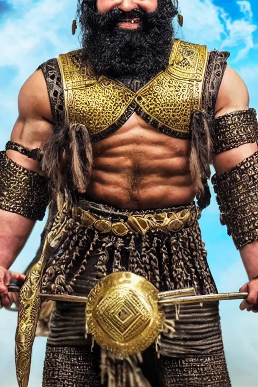 Prompt: ancient Mesopotamian warrior, thick braided beard with golden rings, intricate bronze armour, very muscly, dark skin, strongman, big smile. in the style of a Bollywood movie poster.
