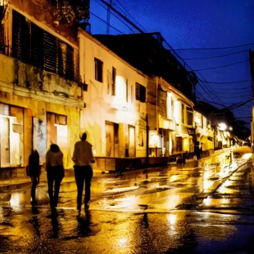 Image similar to Kson Souichou walking down the street at night, raining, street lights shining