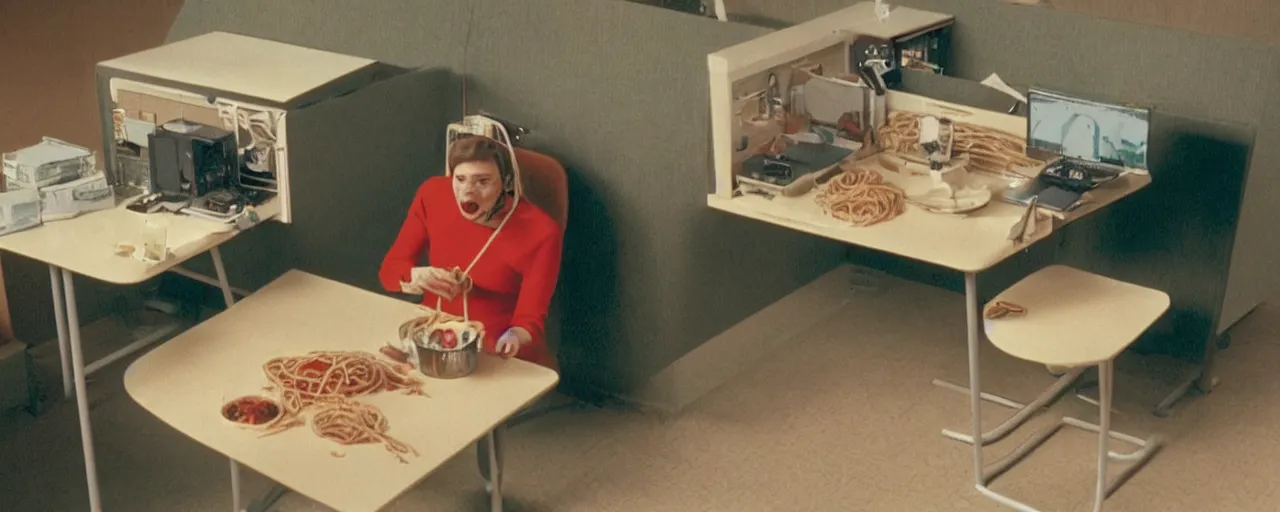 Image similar to security cam footage of someone eating spaghetti at their cubicle alone, kodachrome, in the style of wes anderson, retro!!! no!!! repeat!!!