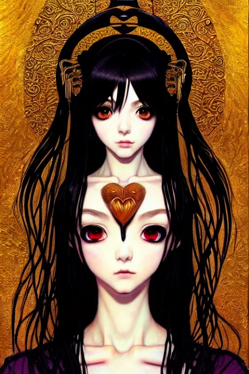 Image similar to portrait of beautiful young gothic anime maiden, cute-fine-face, pretty face, realistic shaded Perfect face, fine details. Anime, cyberpunk, Warhammer, highly detailed, artstation, illustration, art by Ilya Kuvshinov and Gustav Klimt and Gustav Klimt and Gustav Klimt and Gustav Klimt