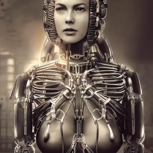 Prompt: photographic stil of beautiful model, a human robot woman, beautiful artificial body with artificial bones and artificial flesh, cables, tubes, robots making robots using robots, westworld style, medium - shot, insanely detailed, photorealistic, beautiful soft light, octane render, by annie leibowtiz