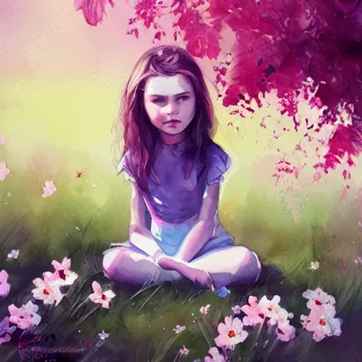 Prompt: little girl, sitting on grass, flowers around, watercolor, vibrant colors, artstation, highly detailed, by charlie bowater