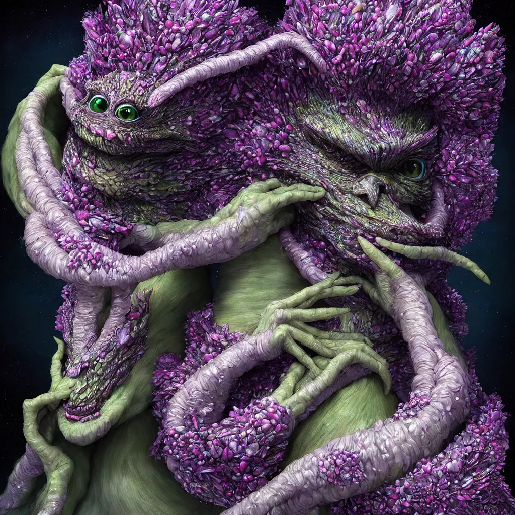 Prompt: hyper detailed 3d render like a Oil painting - kawaii portrait Aurora (a skeksis from dark crystal that looks like Audrey Tautou in Amelie crossed with Rami Malek) seen Eating of the Strangling network of yellowcake aerochrome and milky Fruit and His delicate Hands hold of gossamer polyp blossoms bring iridescent fungal flowers whose spores black the foolish stars by Jacek Yerka, Ilya Kuvshinov, Mariusz Lewandowski, Houdini algorithmic generative render, Abstract brush strokes, Masterpiece, Edward Hopper and James Gilleard, Zdzislaw Beksinski, Mark Ryden, Wolfgang Lettl, hints of Yayoi Kasuma, octane render, 8k