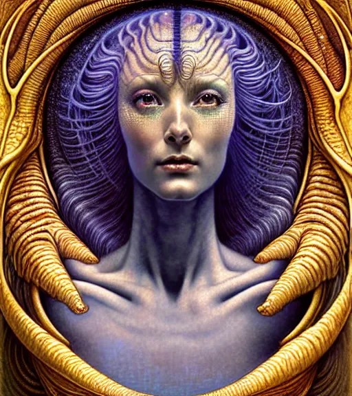 Image similar to detailed realistic beautiful young cher alien robot as queen of andromeda galaxy portrait by jean delville, gustave dore and marco mazzoni, art nouveau, symbolist, visionary, baroque, giant fractal details. horizontal symmetry by zdzisław beksinski, iris van herpen, raymond swanland and alphonse mucha. highly detailed, hyper - real, beautiful