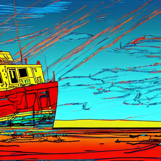 Image similar to an abandoned ship on the aral sea desert, in the style of daniel johnston and outsider art, 8 k, line brush, graduated colors, overlaid with cyrillic adverts