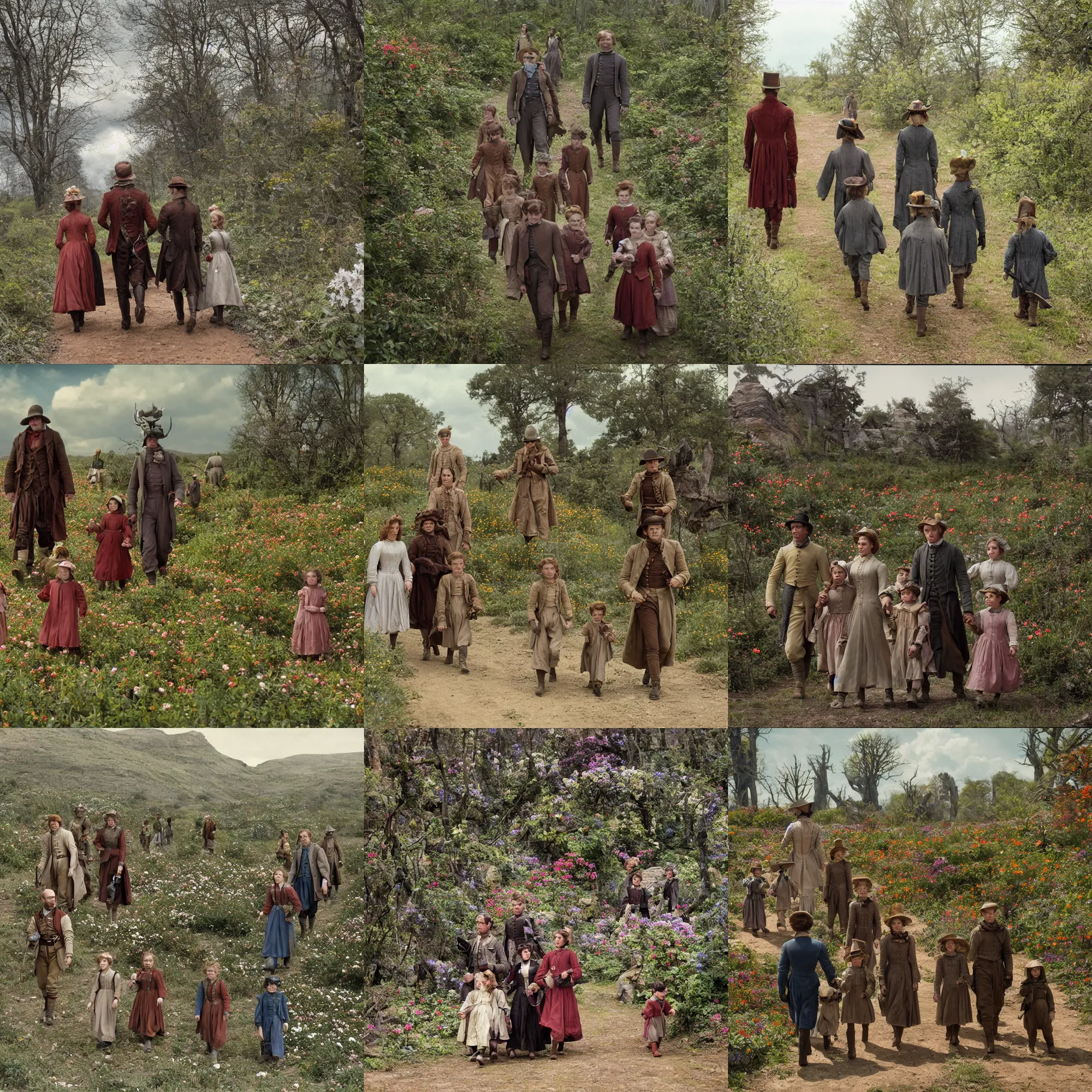 Prompt: sharp, highly detailed, 9216k film, 17150mm film still from a sci fi blockbuster color movie made in 2019, set in 1860, of a family walking through an alien landscape, full of strange alien plants and flowers, on an alien planet, the family are all wearing 1860s era clothes, enhanced faces, atmospheric lighting, 350mm f/1.4L lens
