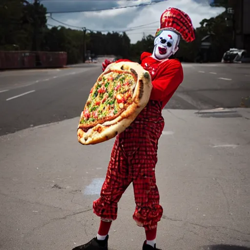 Image similar to clown dressed up as a pizza, clowcore, michelin star food, clowncore funhouse, photo by annie leibowitz