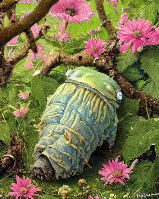 Image similar to detailed painting of a beautiful tardigrade p, untouched by humans for years, with a brooding fairy inside it. sunlight beams down on the scene and you can tell it is spring from the flowers. perhaps a party of adventurers or a lone traveler is entering the scene from the a path. by norman rockwell