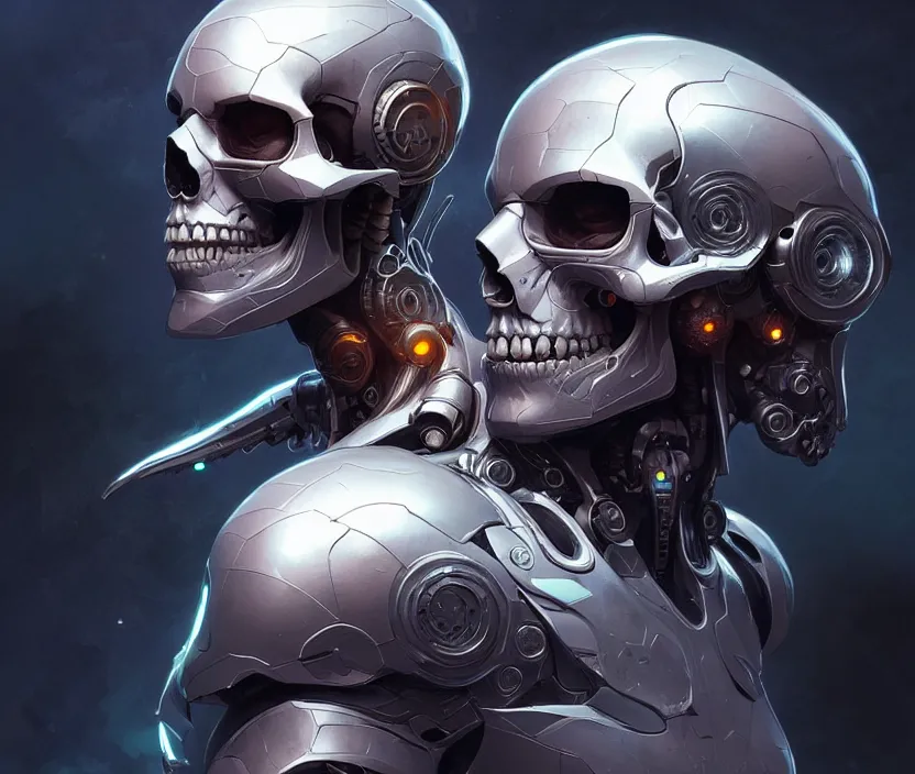 Prompt: Cyborg skull front view, sci-fi, highly detailed, digital painting, artstation, concept art, smooth, sharp focus, illustration, art by artgerm and greg rutkowski and alphonse mucha