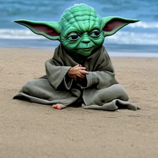 Prompt: sad real life Yoda on the beach