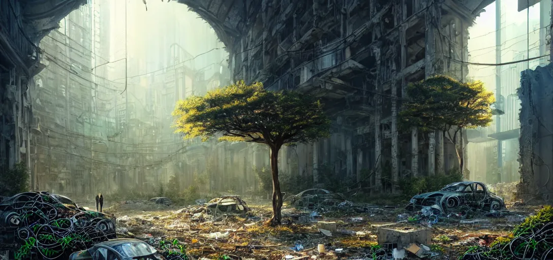 Prompt: tree growing in ancient cyberpunk ruins, gray wasteland, many scrap hovercars, plastic waste, rubble, pillars, flowers, vines, hyperrealistic, highly detailed, cinematic, single ray of golden sunlight, beautiful, cgssociety, artstation, 8 k, oil painting by greg rutkowski, by artgerm, by wlop