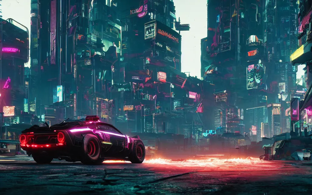 Prompt: Cyberpunk 2077 car Quadra Turbo-R V-Tech, driving down dusty city dystopian, astonishing detail, long distance shot, ultra widescreen. by Mead, Syd