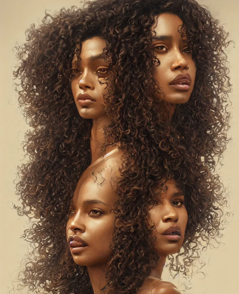 Prompt: a portrait of a brown skinned queen with long dark curly hair, stoic, modern, hyperdetailed, dramatic, epic painting, painted by artgerm and greg rutkowski, cgsociety, beautiful, artstation, octane render, sharpness, 8 k, golden ratio