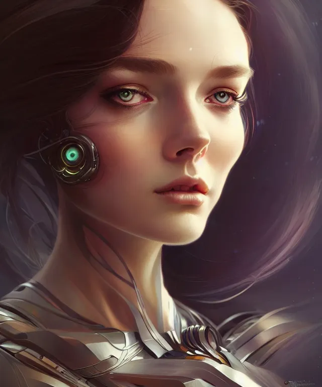 Image similar to futuristic young woman portrait, sci-fi, amber eyes, face, long hair, fantasy, intricate, elegant, highly detailed, digital painting, artstation, concept art, smooth, sharp focus, illustration, art by artgerm and greg rutkowski and alphonse mucha