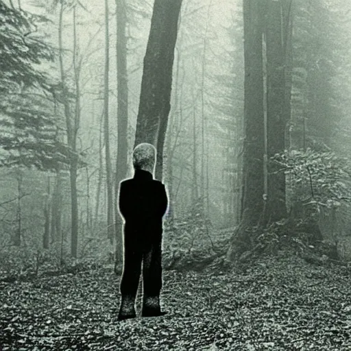 Image similar to old photograph of a a person standing in an eerie forest with an alien standing in the distance behind them