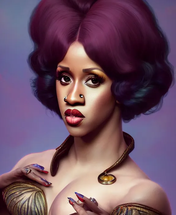 Image similar to cardi b as a character in diablo, mottled coloring, adorable, childlike, pastoral environment, ultra realistic, concept art, art nouveau, photorealistic, octane render, 8 k, unreal engine. art by christopher marley and artgerm and greg rutkowski and alphonse mucha